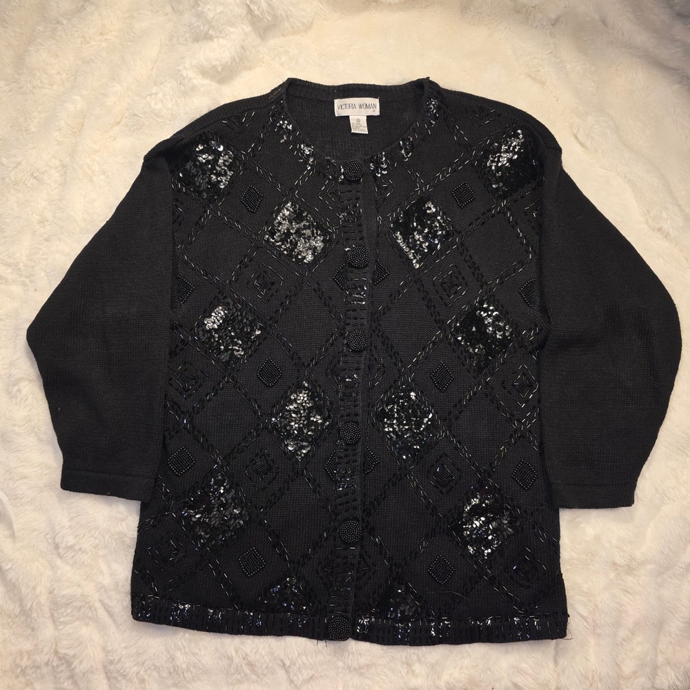 Victoria Woman Cardigan Sweater Womens 2X Black Excellent Beaded Sequin Vintage